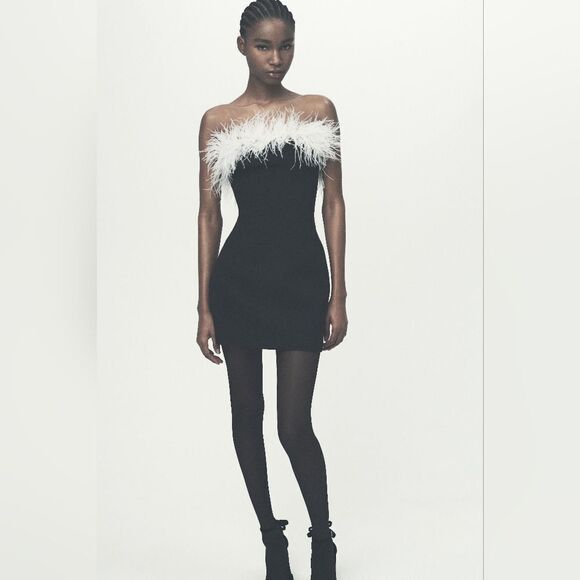 NWT ZARA mini dress with feathers contrast white and black - Picture 4 of 17